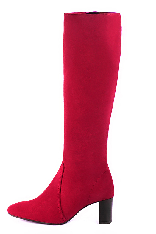 Cardinal red women's feminine knee-high boots. Round toe. Medium block heels. Made to measure. Profile view - Florence KOOIJMAN
